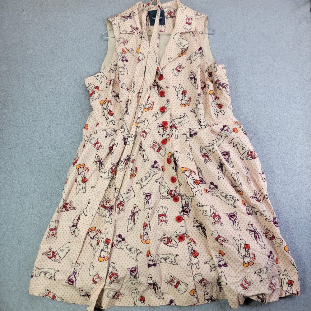 ModCloth Dress Womens M White Dog Print Polka Dot Shirt Fit & Flare Button Front